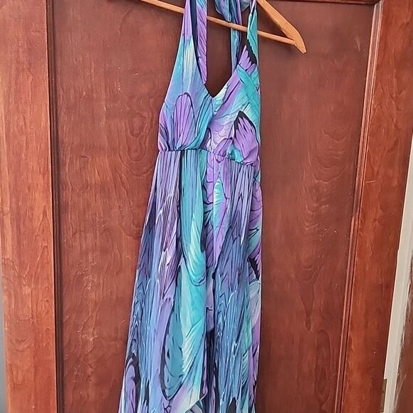 Enfocus Size 10 Aqua Purple High Low Halter Style Tie Dress - Picture 15 of 15
